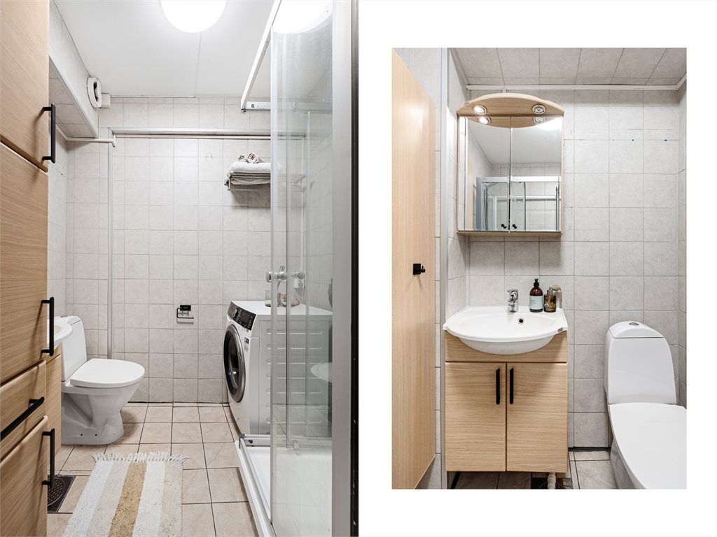 Badet er praktisk innredet med god oppbevaringsplass.